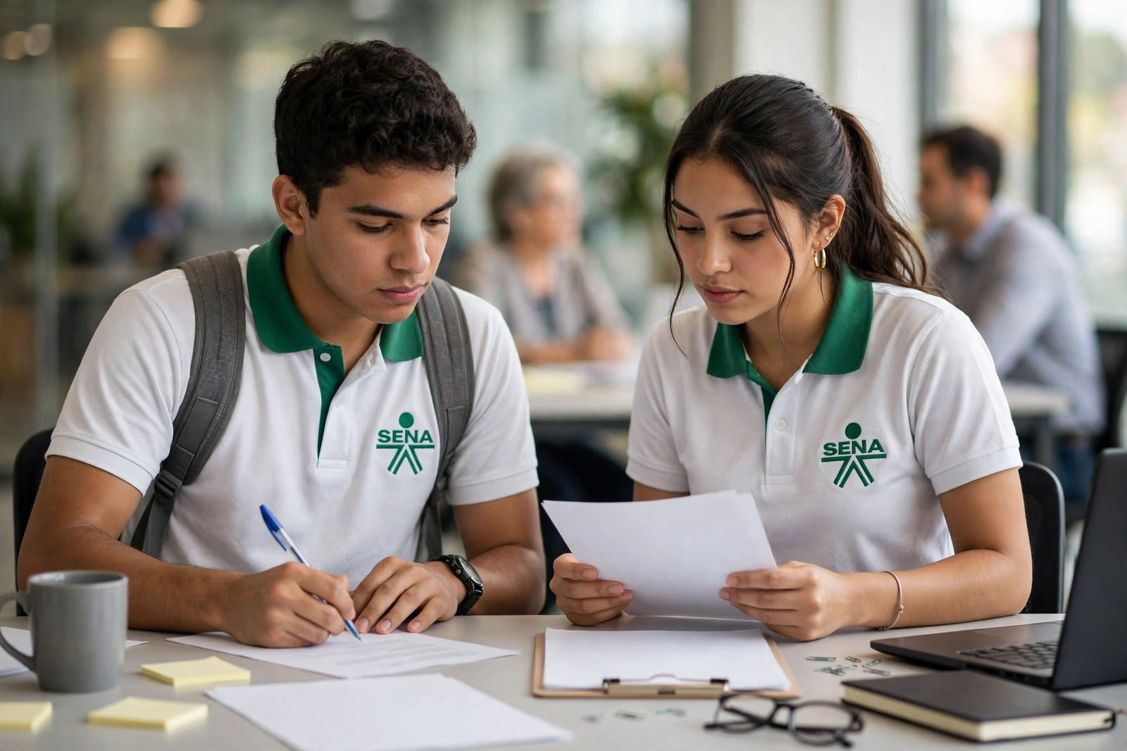 Aprendices revisando un documento en una mesa de trabajo durante una sesión formativa