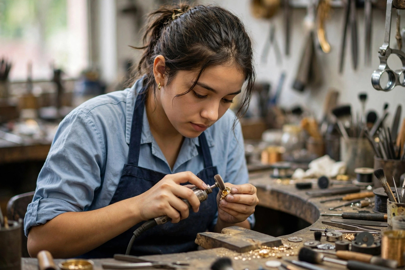 Artesana trabajando una pieza de oro en un banco de joyería