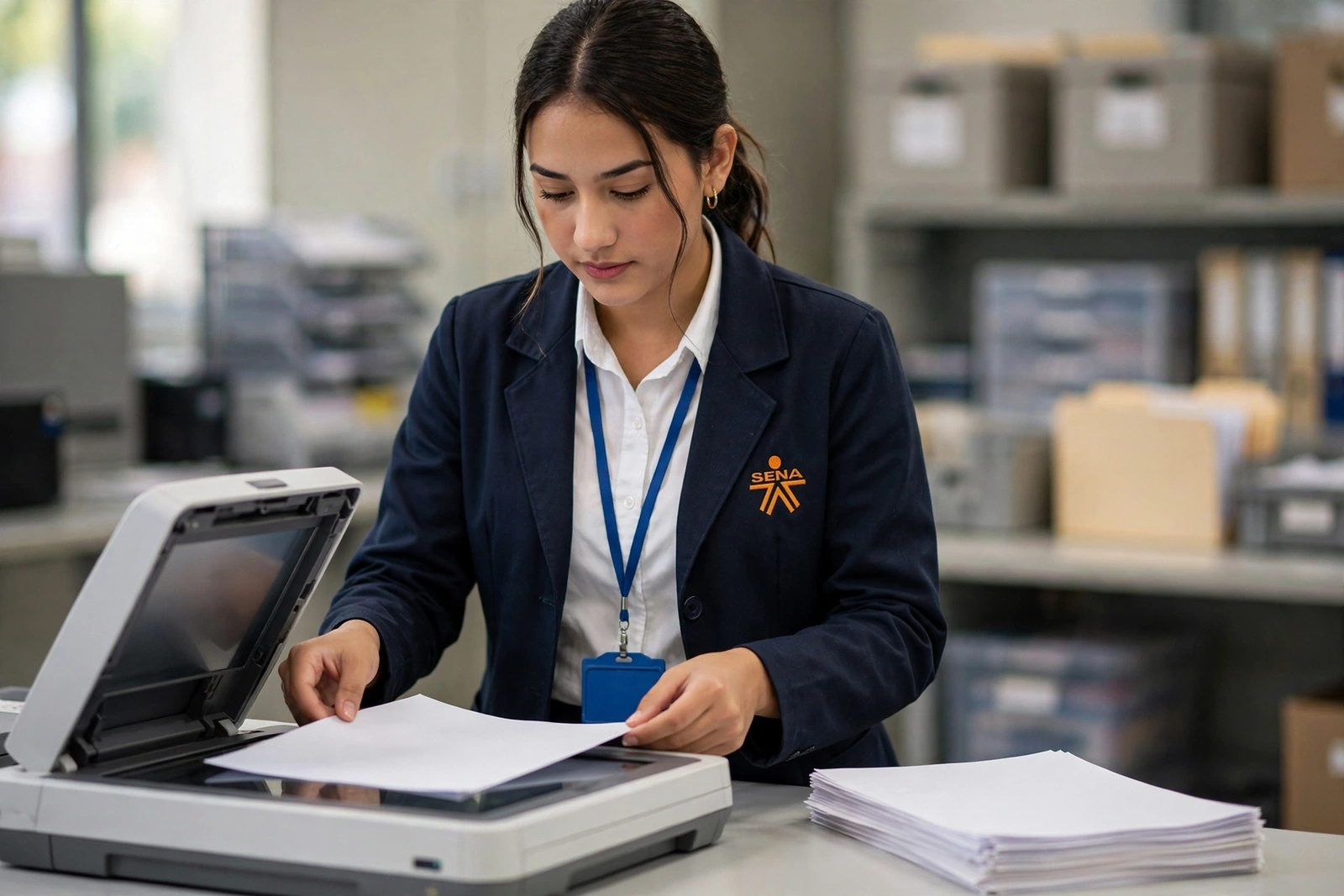 Un aprendiz transportando carpetas de correspondencia en la oficina