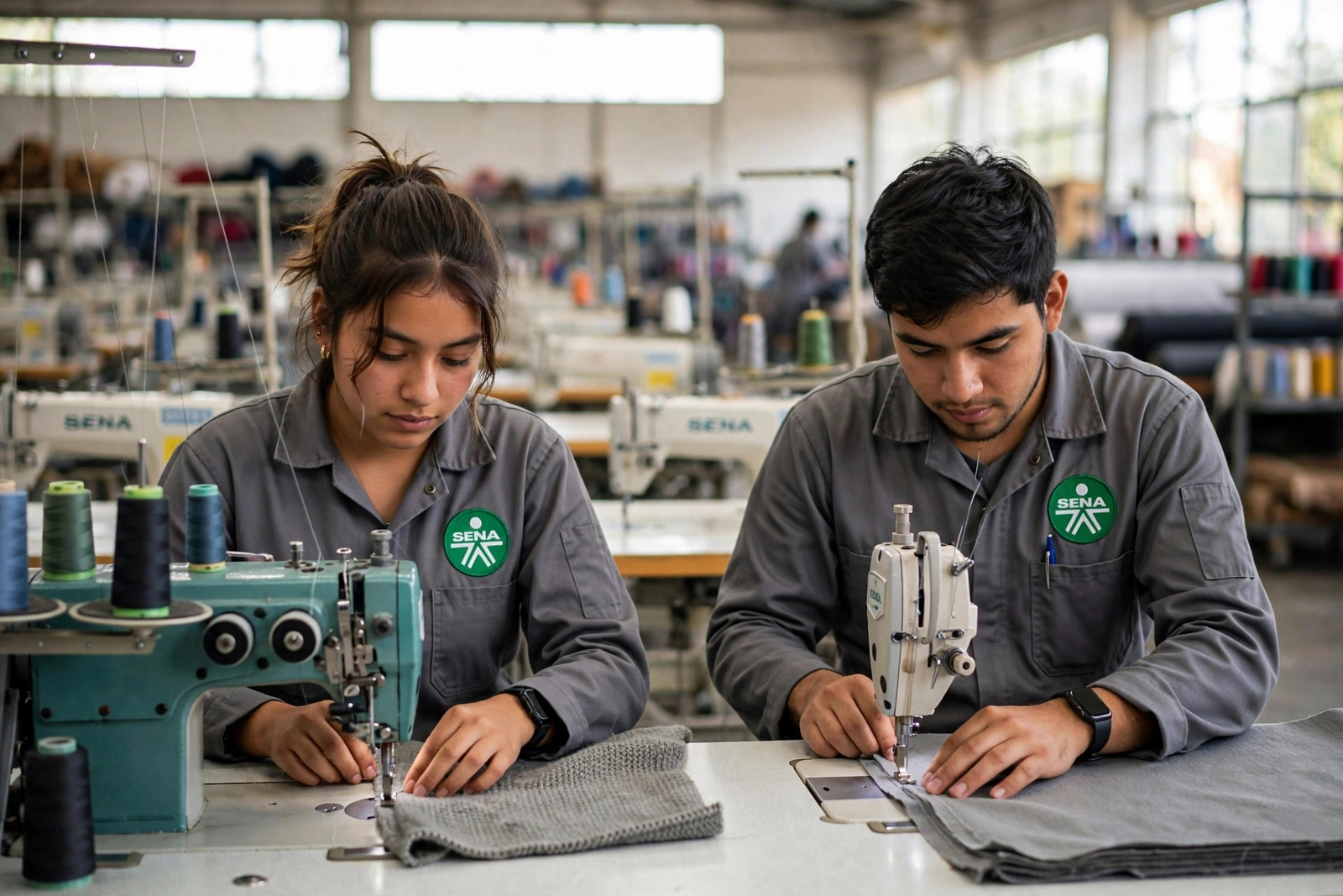 Modista del SENA trabajando con telas en el taller de confección
