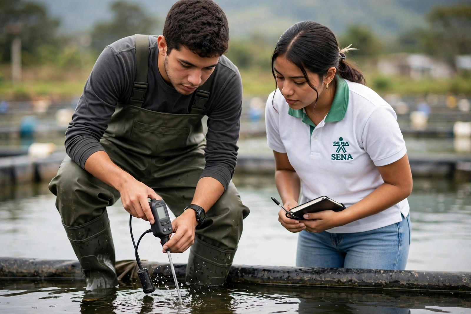 Aprendices midiendo la calidad del agua en un estanque acuícola