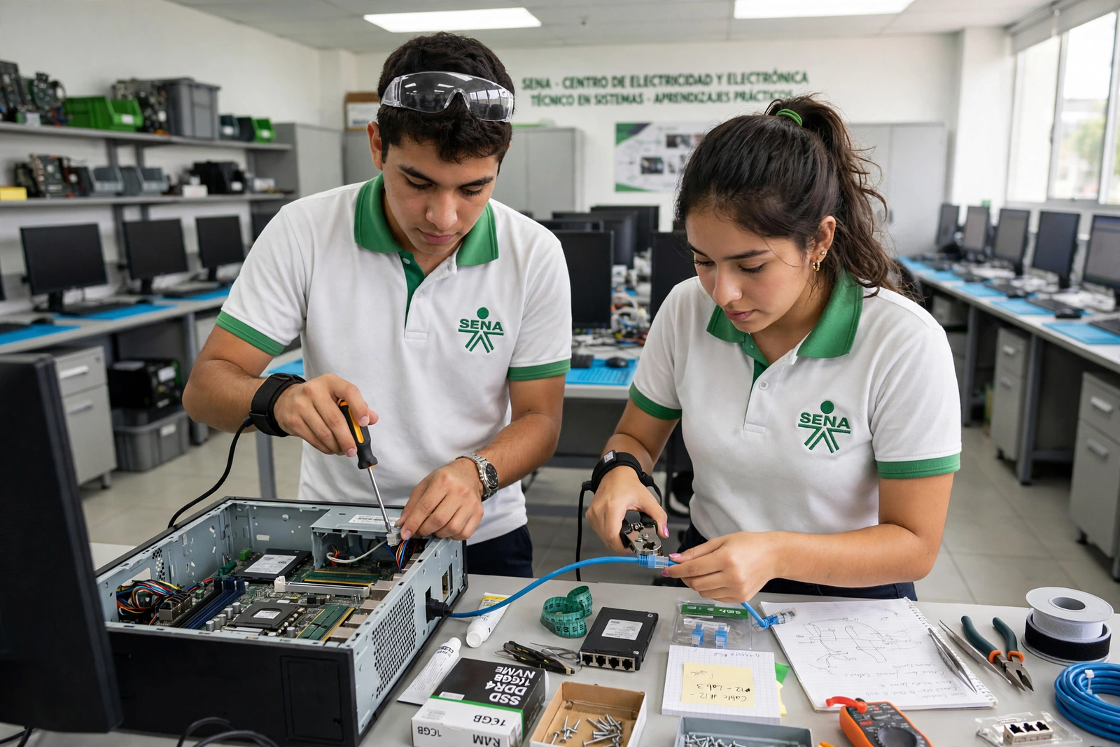 Técnica del SENA documentando un ticket de soporte junto a su computador