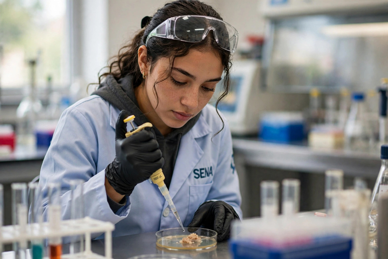 Analista del SENA verificando una muestra en el laboratorio de alimentos