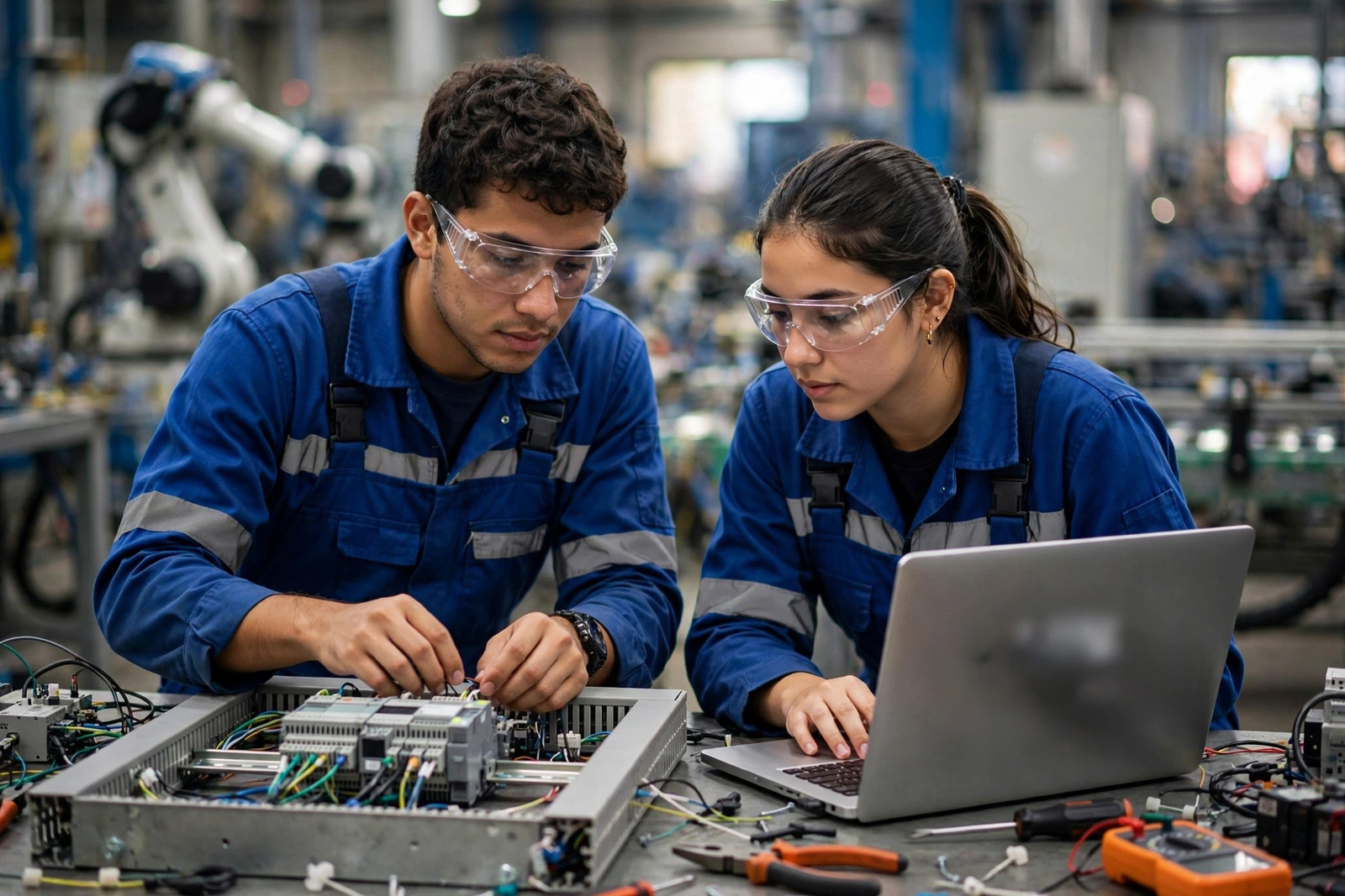 Técnico del SENA trabajando en un panel de automatización industrial