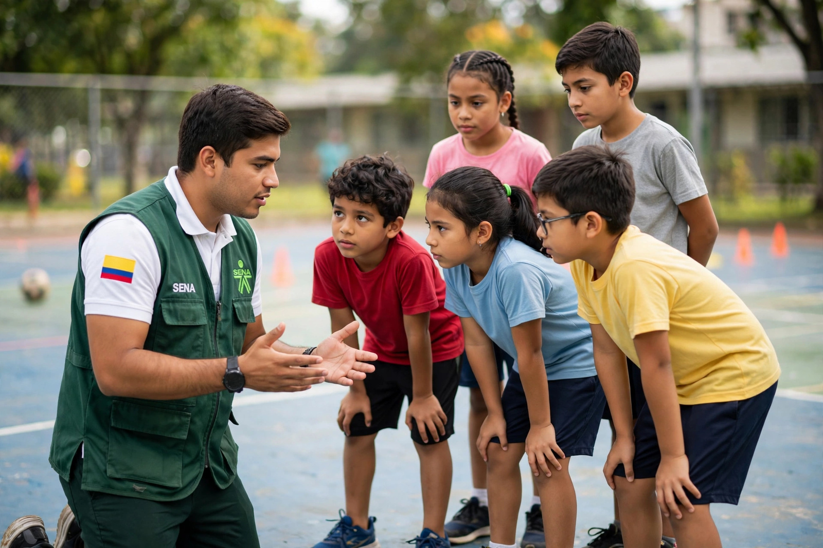 Un instructor de actividad física dando indicaciones a un grupo de niños en la cancha