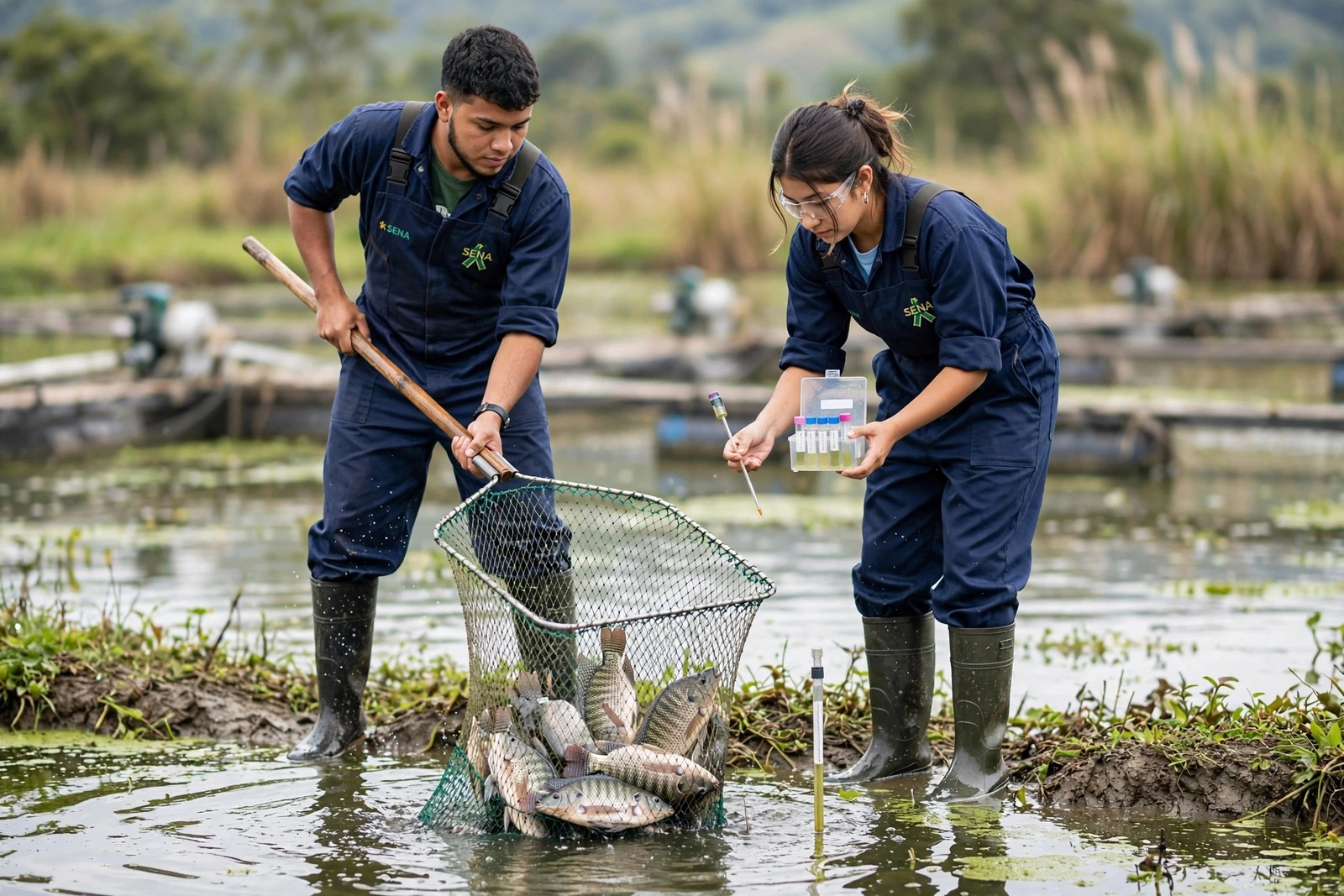 Piscicultores del SENA recolectando una muestra de peces en una red