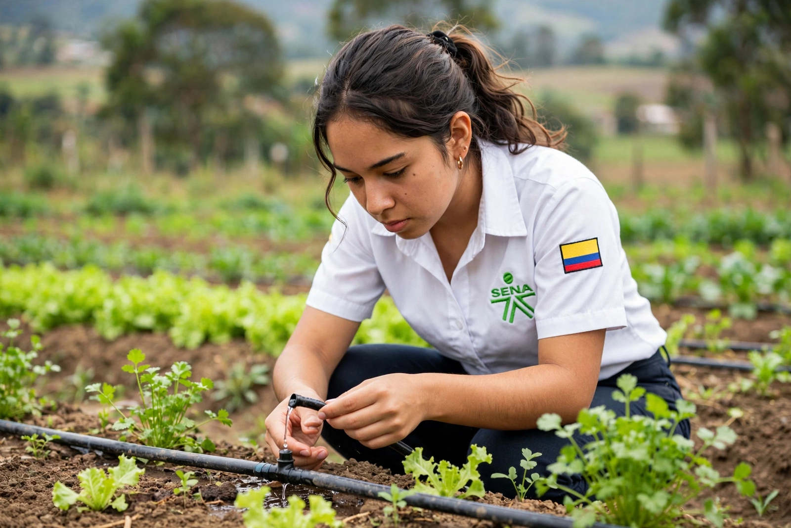 Aprendiz revisando el riego por goteo en un cultivo de hortalizas