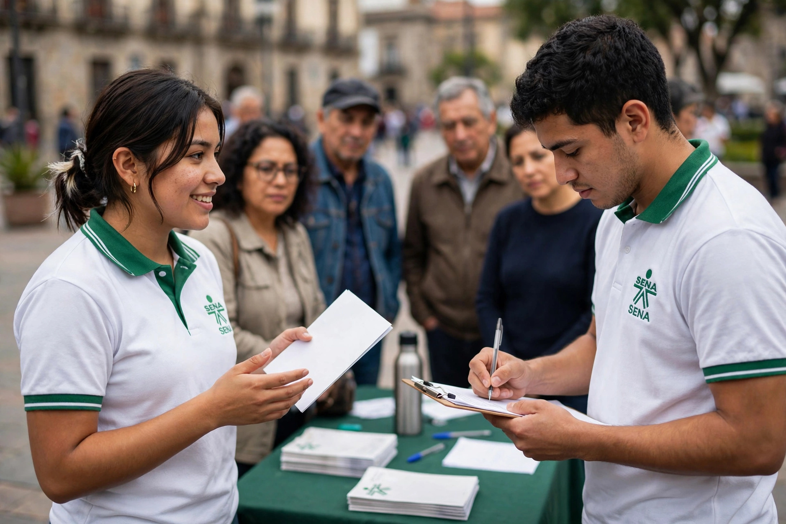 Dos aprendices registrando participantes en una jornada comunitaria de derechos en la plaza