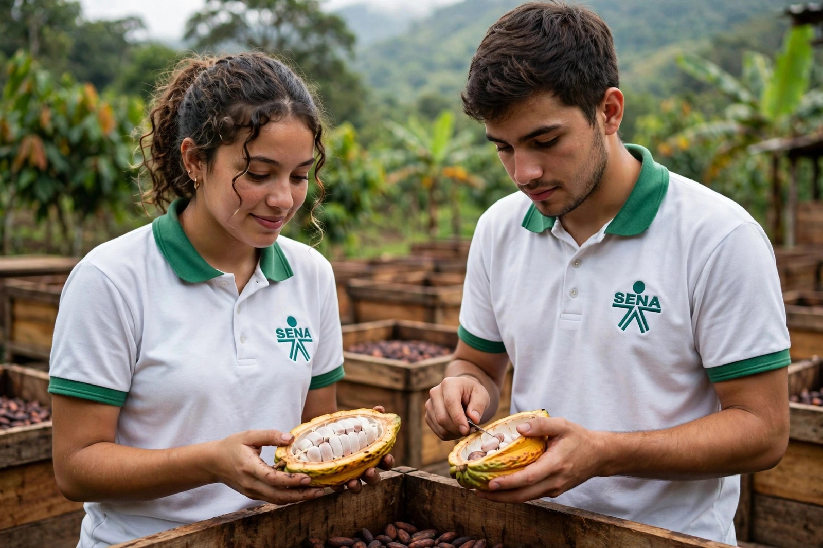 Dos aprendices abriendo mazorcas de cacao sobre las cajas de fermentación