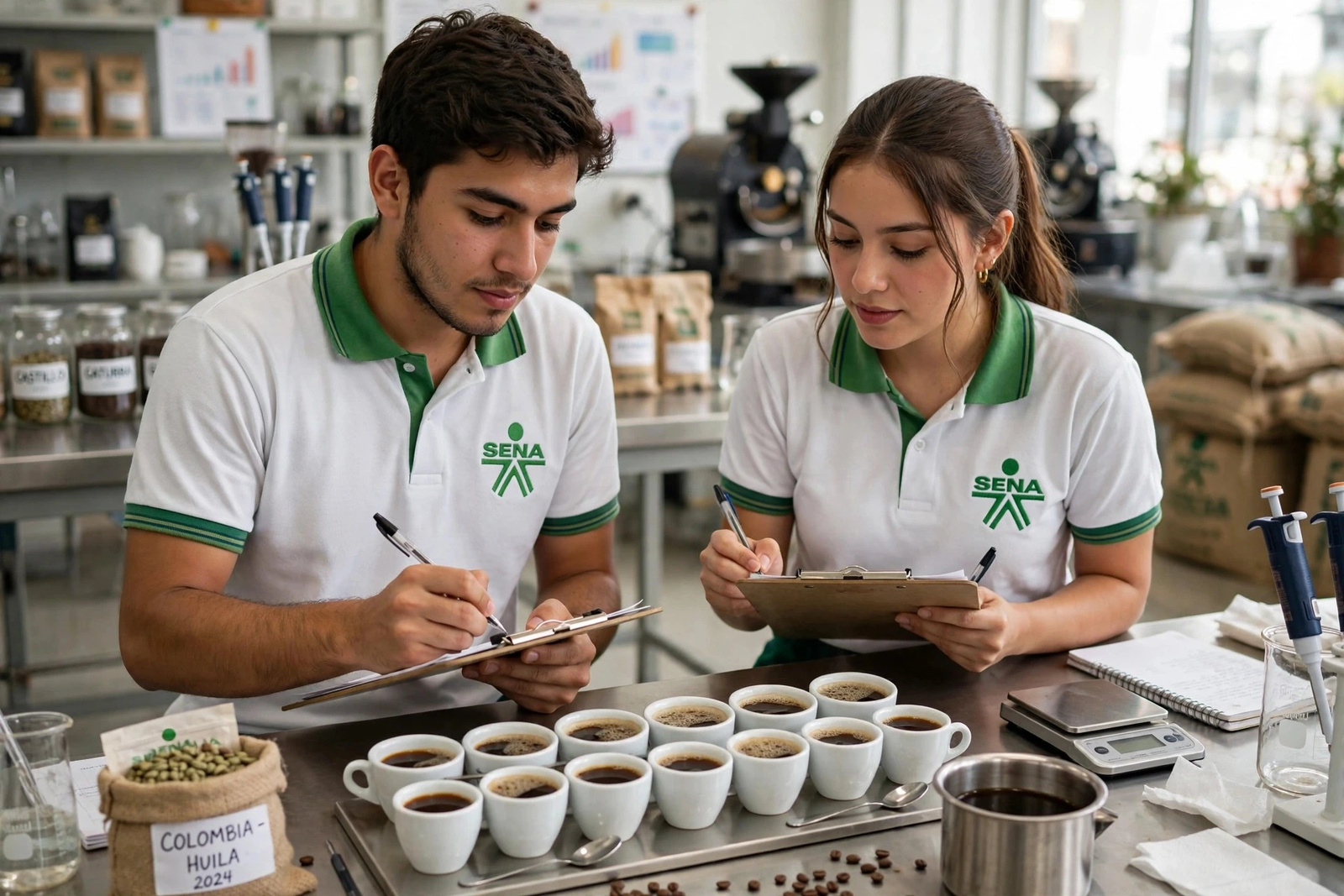 Aprendices registrando una cata de café junto a muestras de grano verde