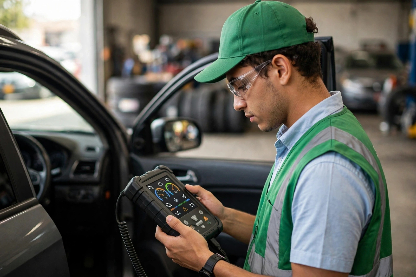 Aprendiz del SENA consultando una tableta frente a un motor abierto
