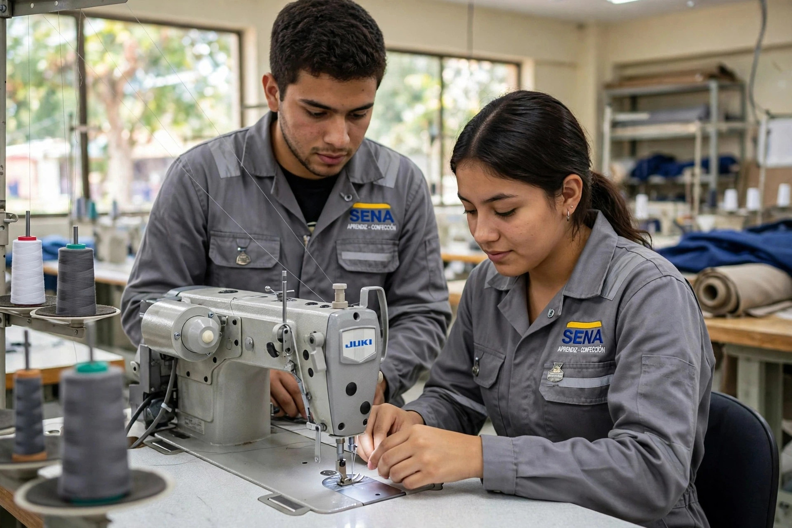 Aprendices del SENA operando una máquina de confección industrial con telas e hilos