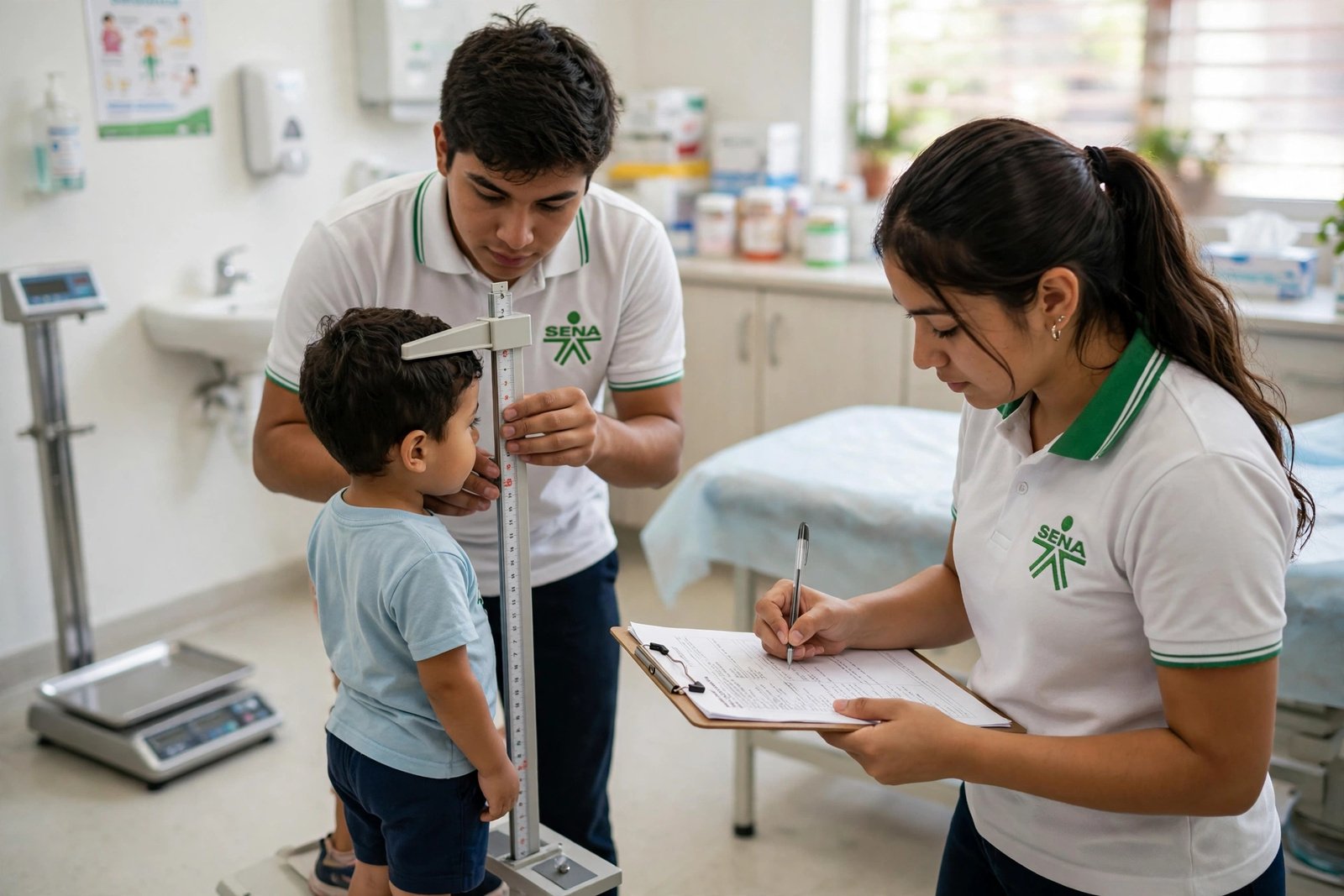 Dos profesionales de la salud midiendo la talla de un niño en el consultorio de crecimiento y desarrollo