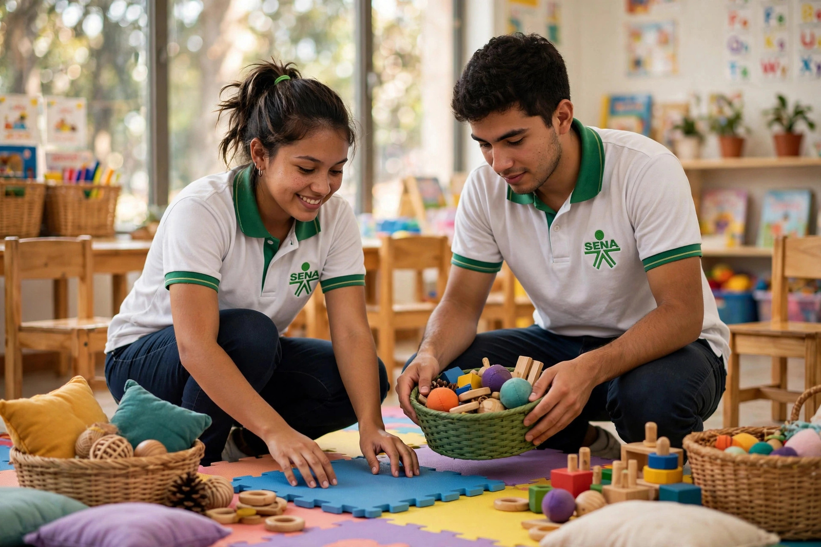 Aula de educación inicial con estanterías de cuentos y materiales para niños