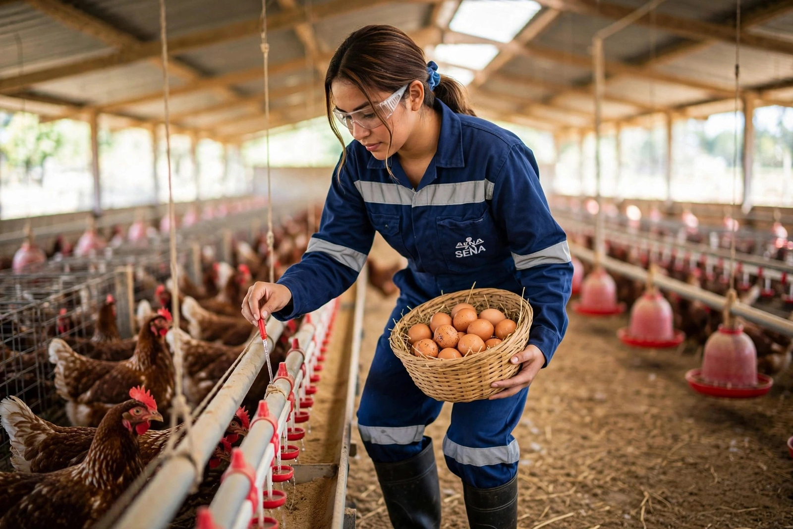 Aprendiz verificando el agua de las gallinas mientras recoge huevos en un galpón