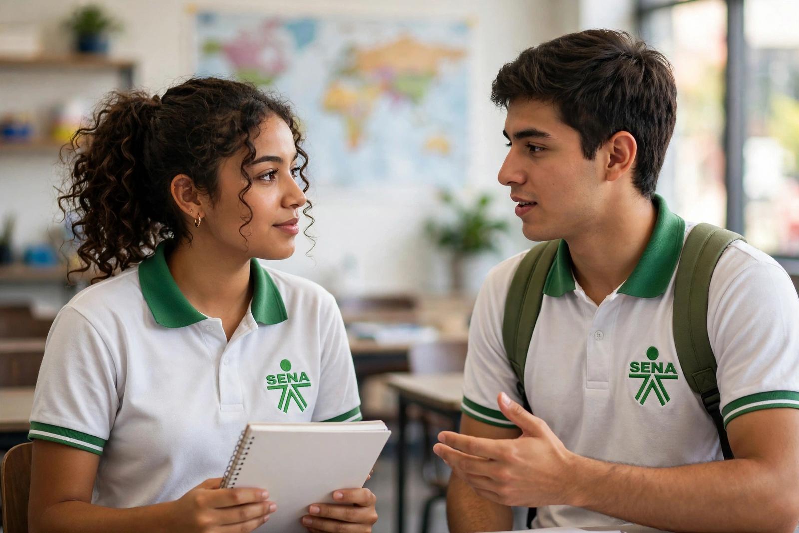 Aprendices practicando una conversación en inglés en un aula de idiomas