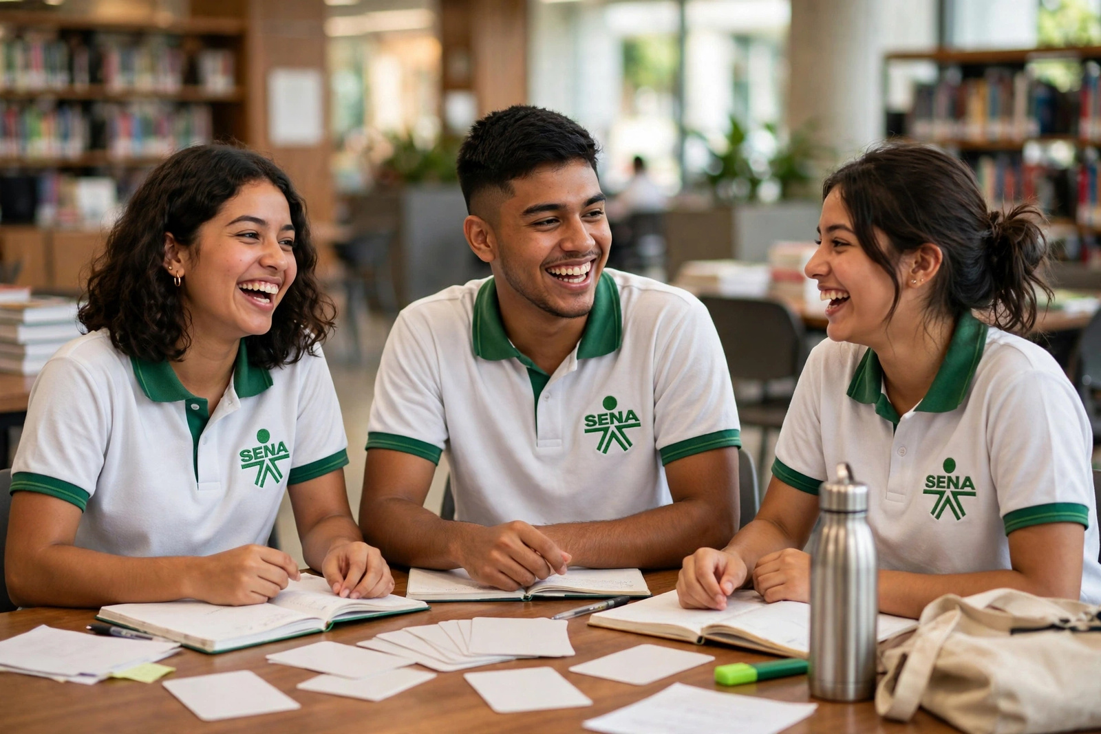 Aprendices en una sesión grupal de estudio de inglés en una biblioteca