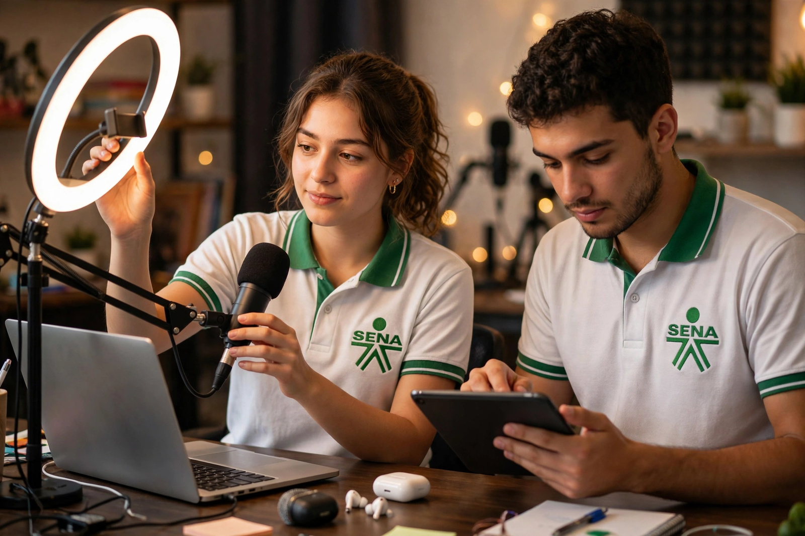 Aprendices ajustando el aro de luz y el micrófono para grabar una clase virtual