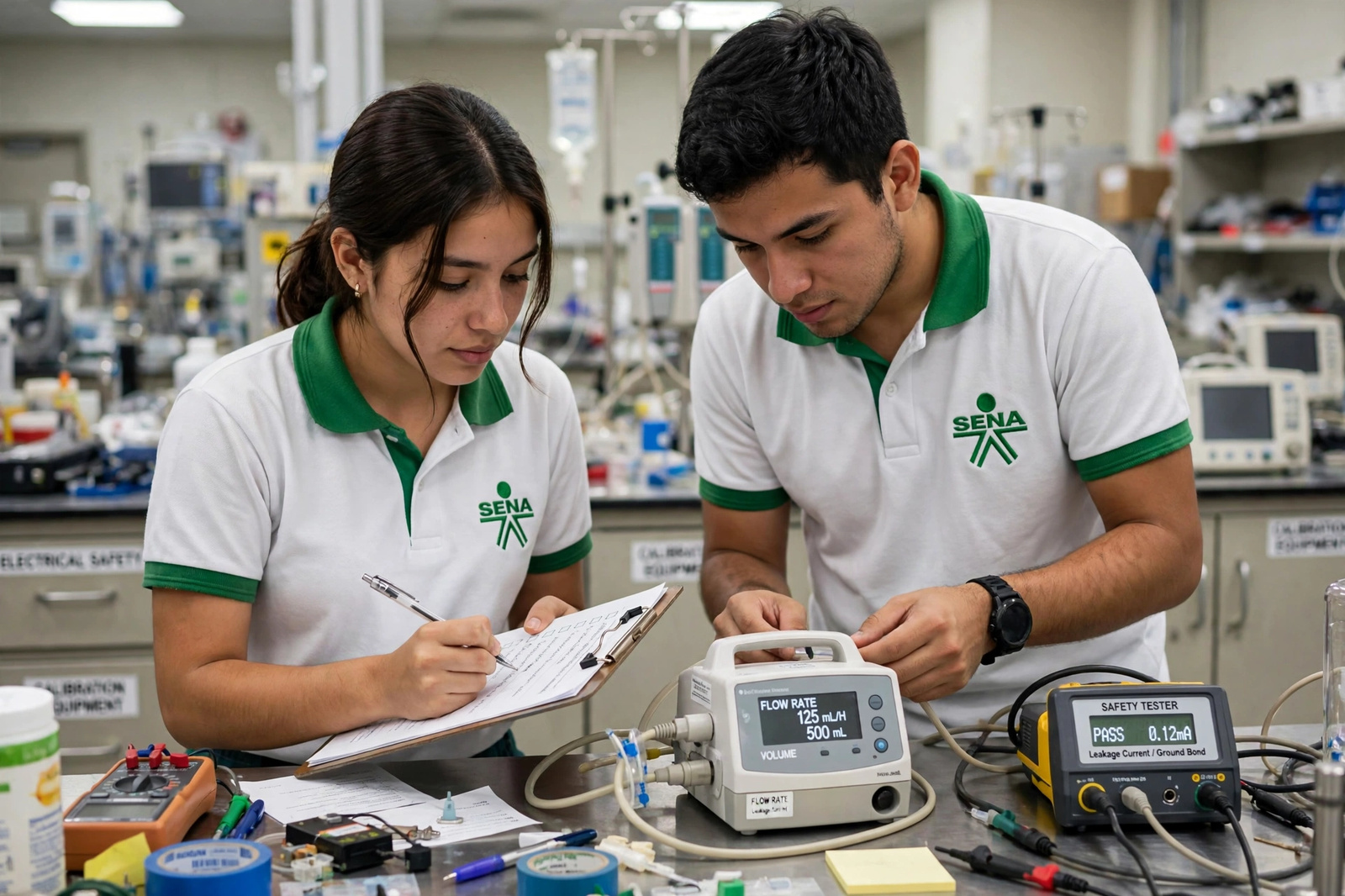 Pareja de aprendices verificando un equipo biomédico y registrando sus datos