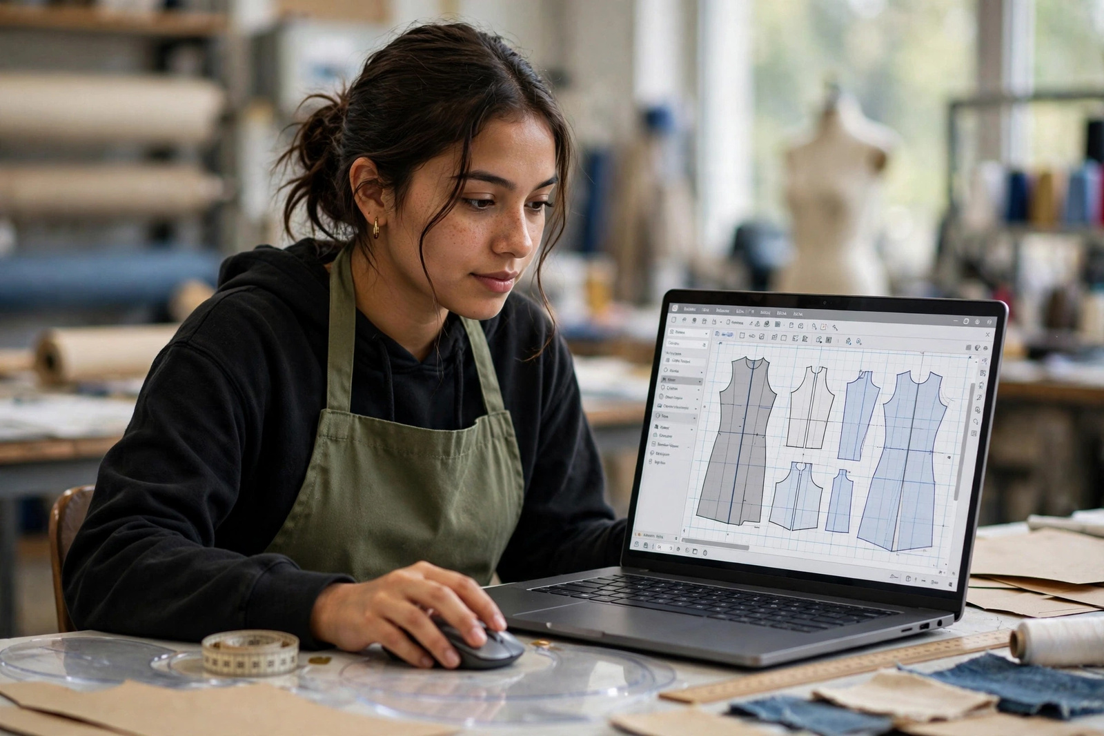 Aprendiz revisando patrones de vestidos escalados en la pantalla de un computador