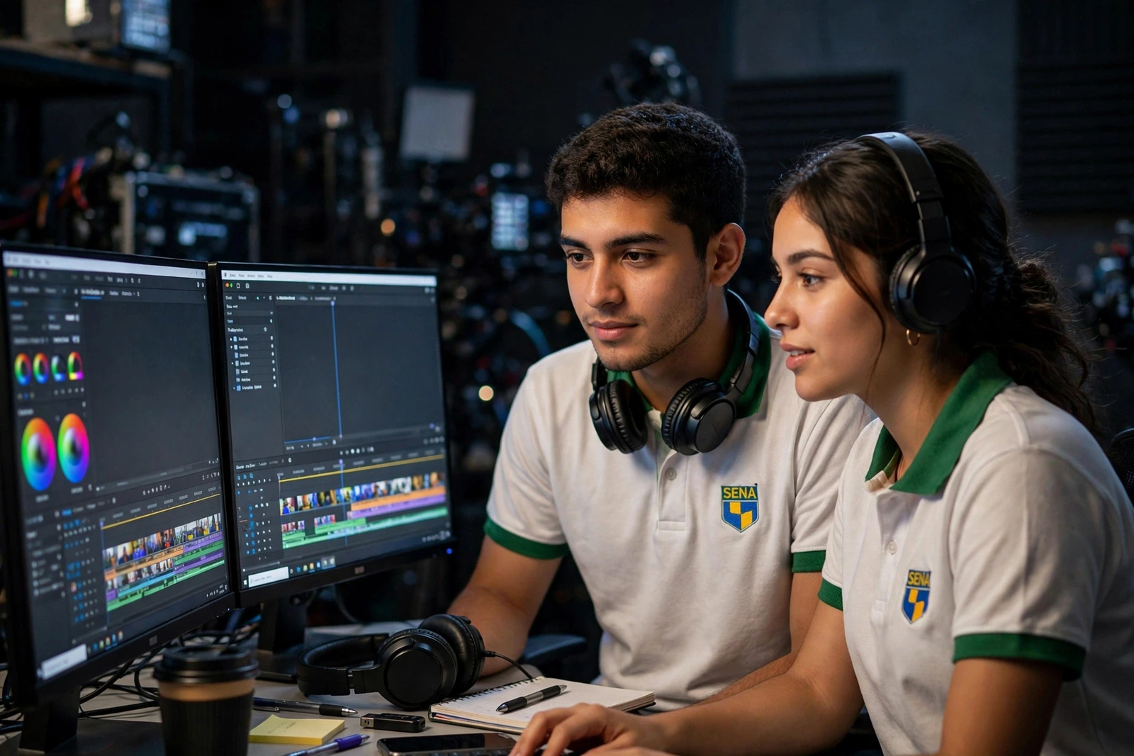 Aprendices del SENA editando video en una estación de trabajo multimedia