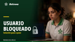 Estudiante del SENA frente al computador con el usuario bloqueado en Betowa