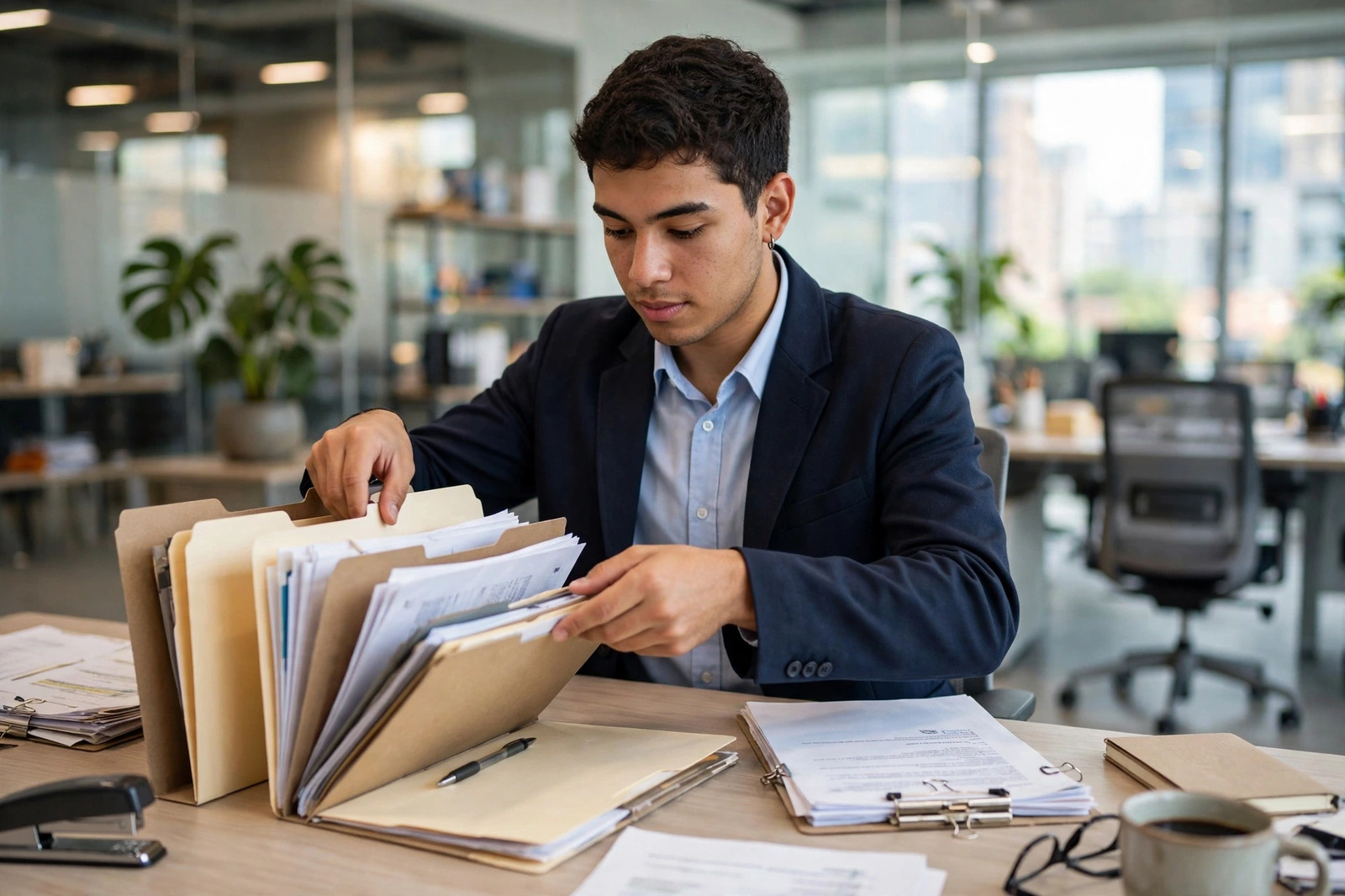 Joven revisando carpetas y documentos en una oficina