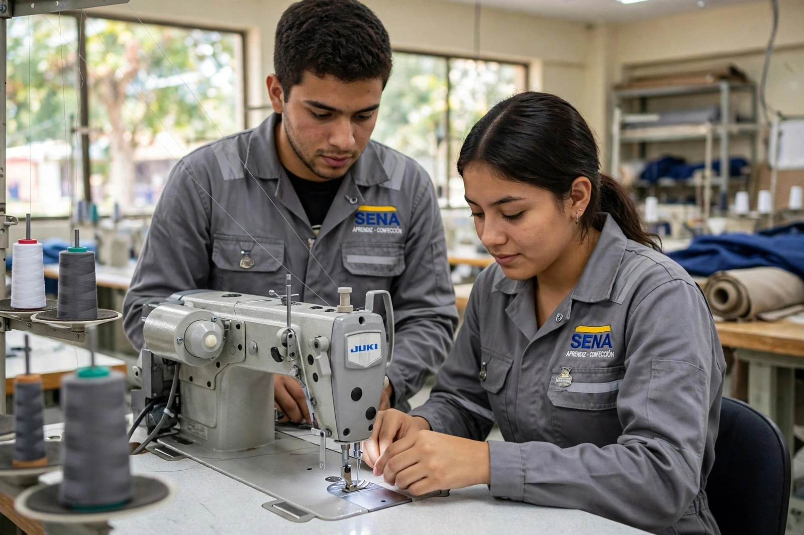 Dos aprendices cosiendo a máquina las piezas de una falda