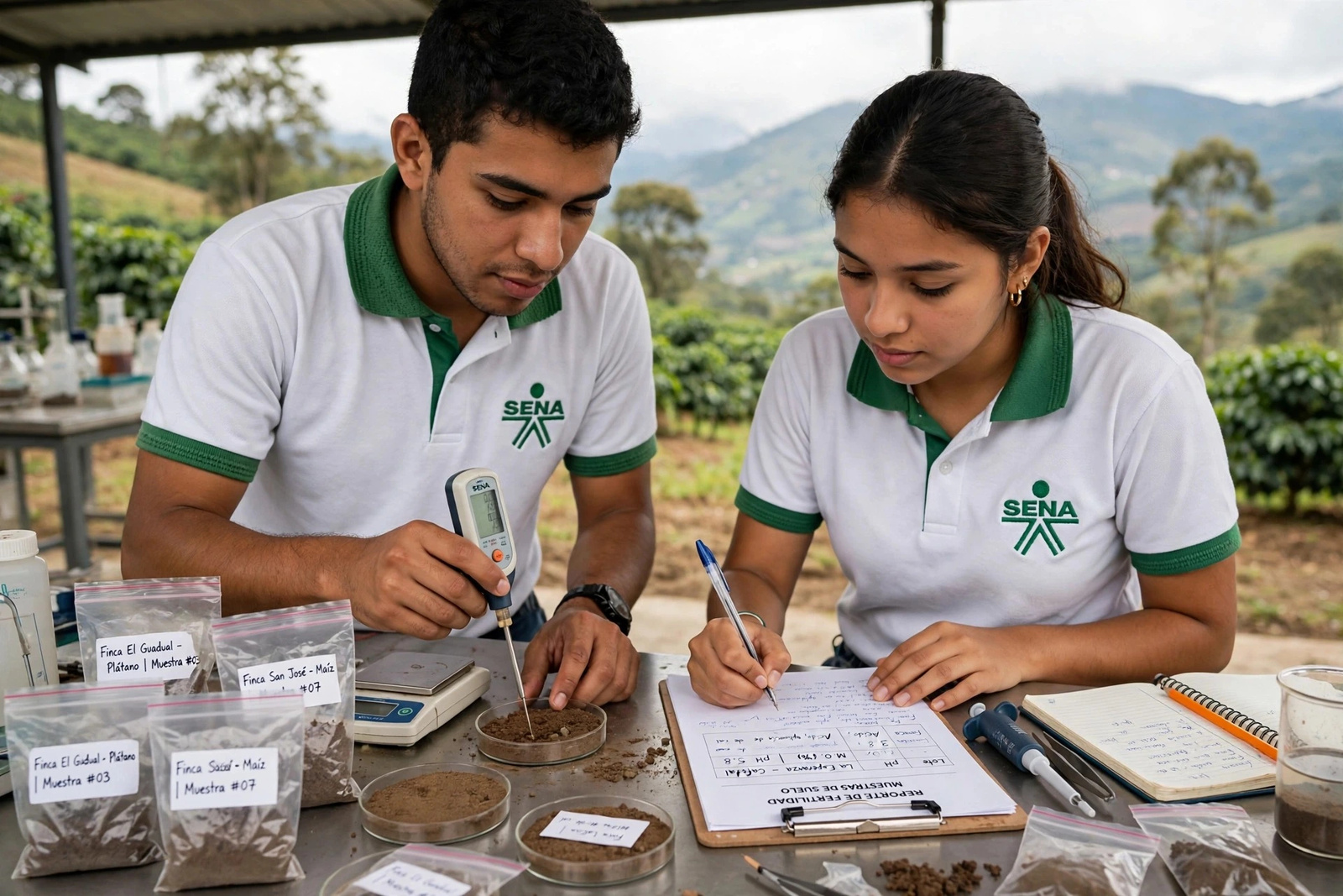 Aprendices analizando muestras de suelo en el campo