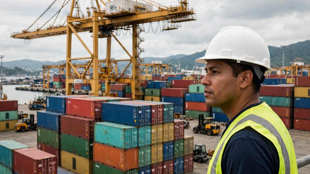 Operario con casco y chaleco supervisando contenedores en una terminal portuaria