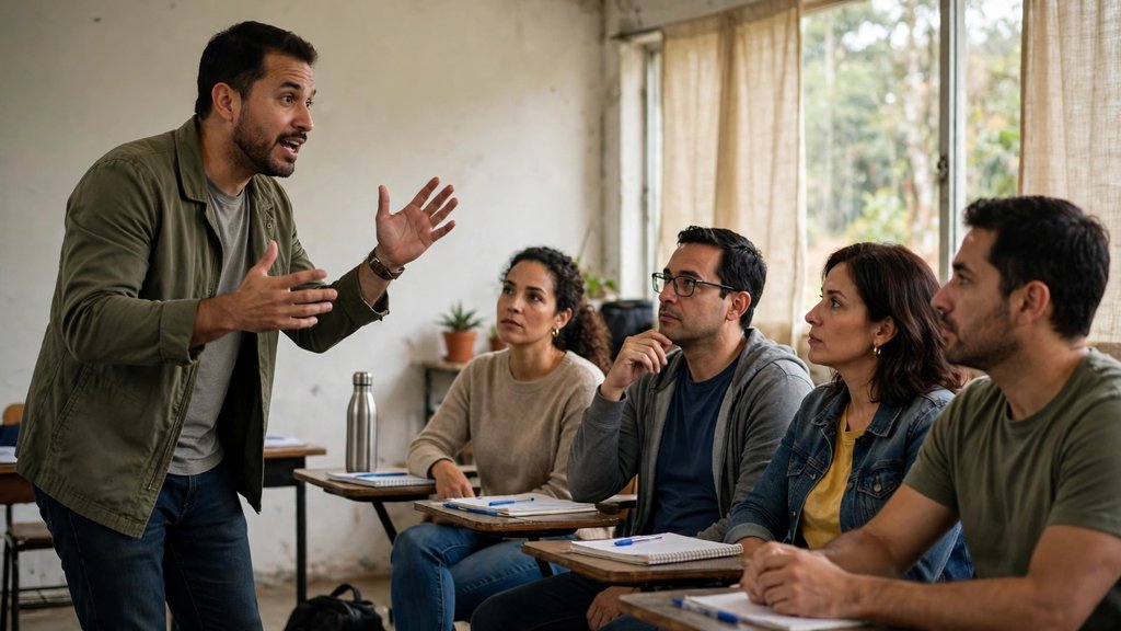 Instructor orientando una sesión de formación ante aprendices adultos en un aula