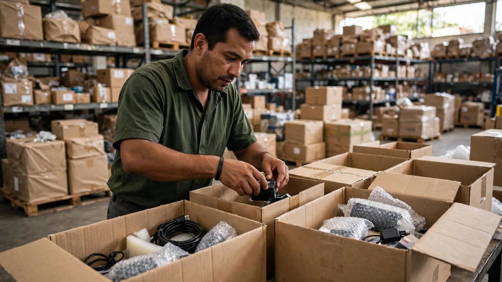 Operario clasificando cajas y productos devueltos en un centro de distribución