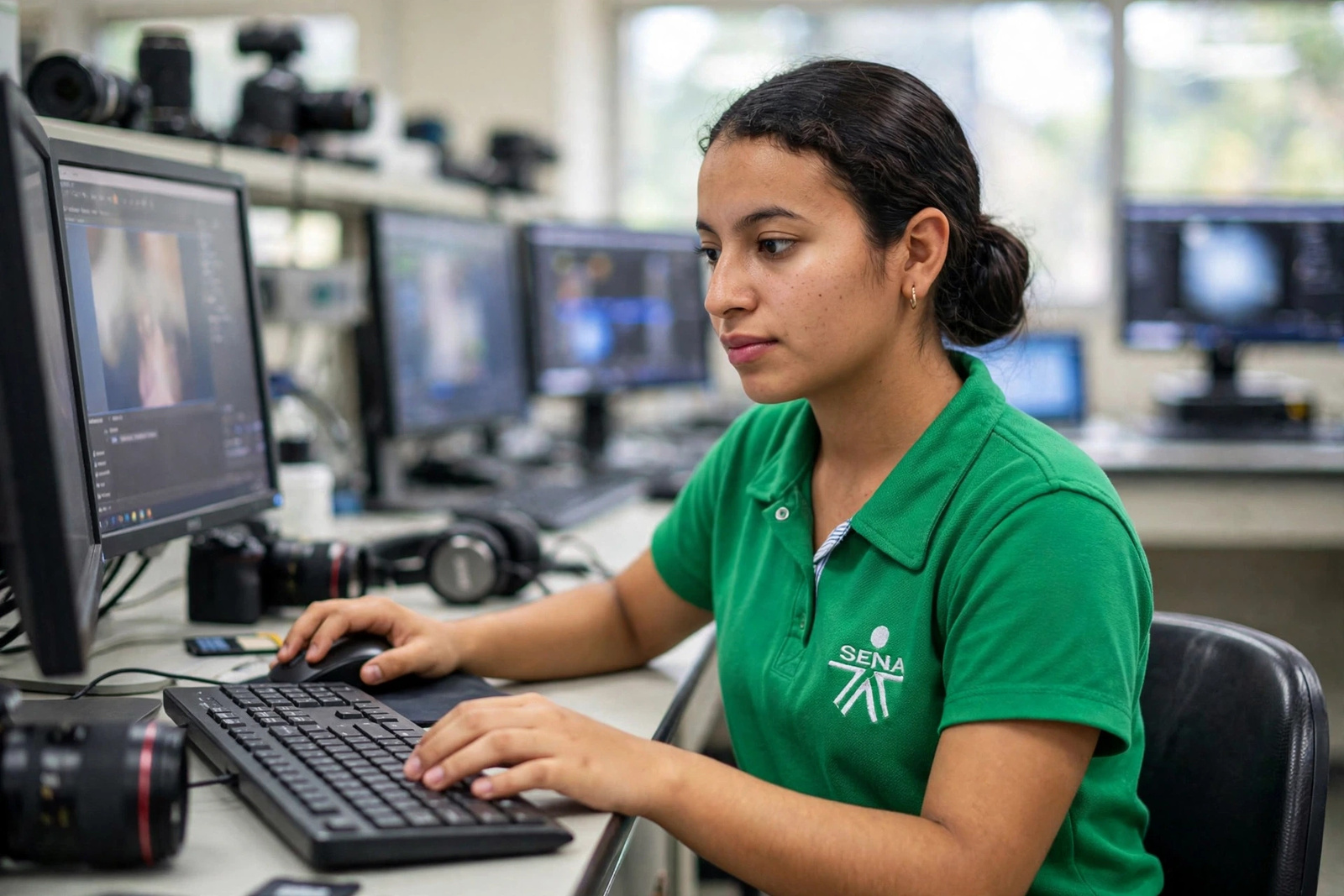 Aprendiz editando una fotografía en un computador rodeado de cámaras y objetivos