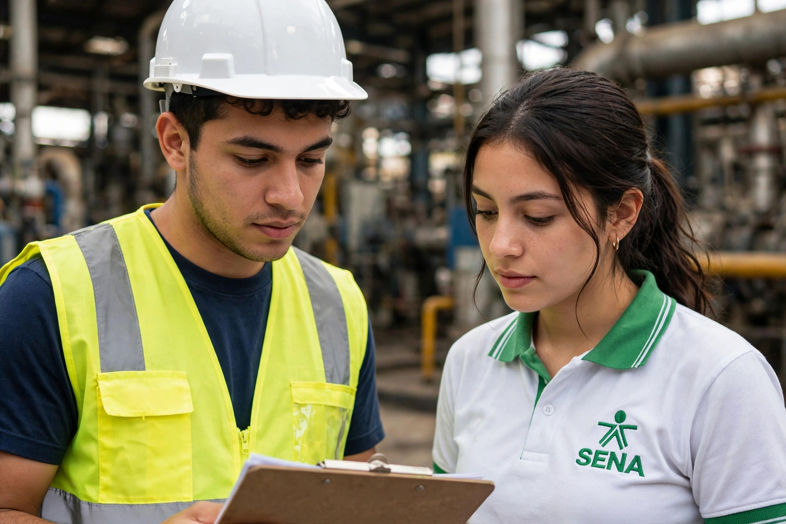 Trabajador con casco y chaleco revisando un portapapeles junto a una aprendiz en una planta