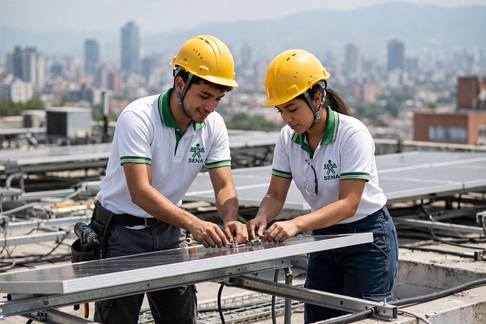 Dos aprendices revisando el inversor junto a los paneles solares