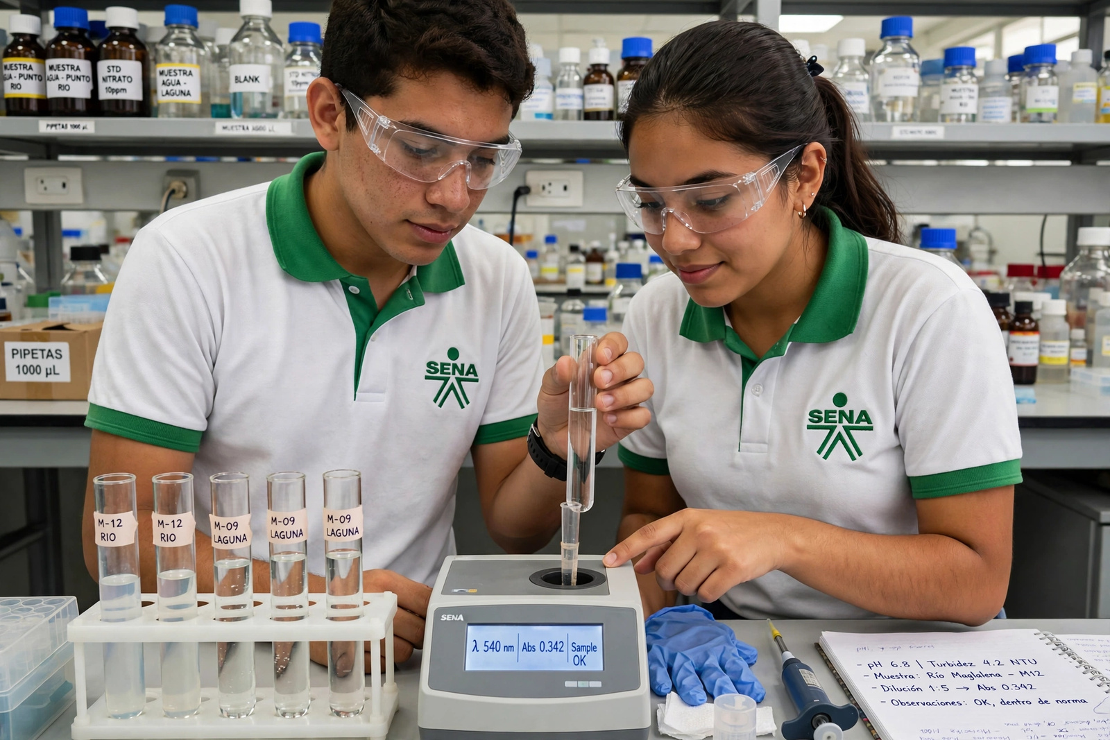 Aprendices analizando muestras de agua en un laboratorio ambiental