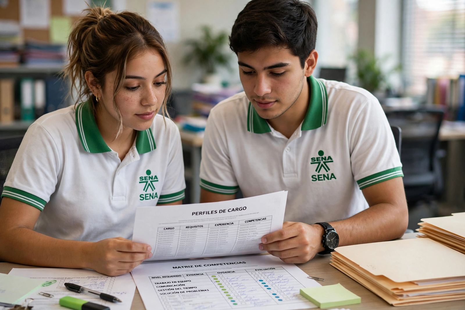 Aprendices revisando perfiles de cargo y una matriz de competencias en una oficina