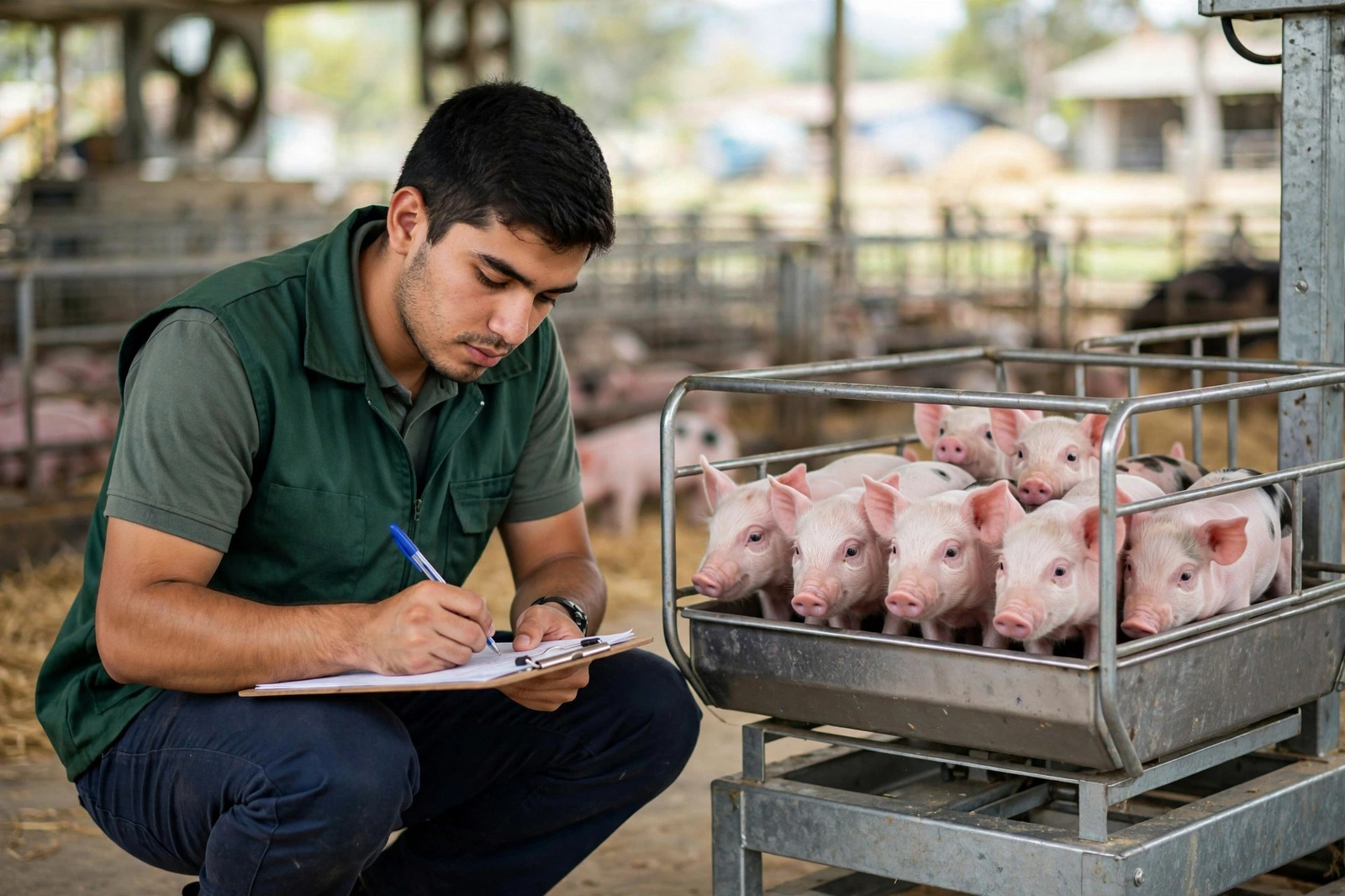 Trabajador registrando datos junto a una camada de lechones en la granja