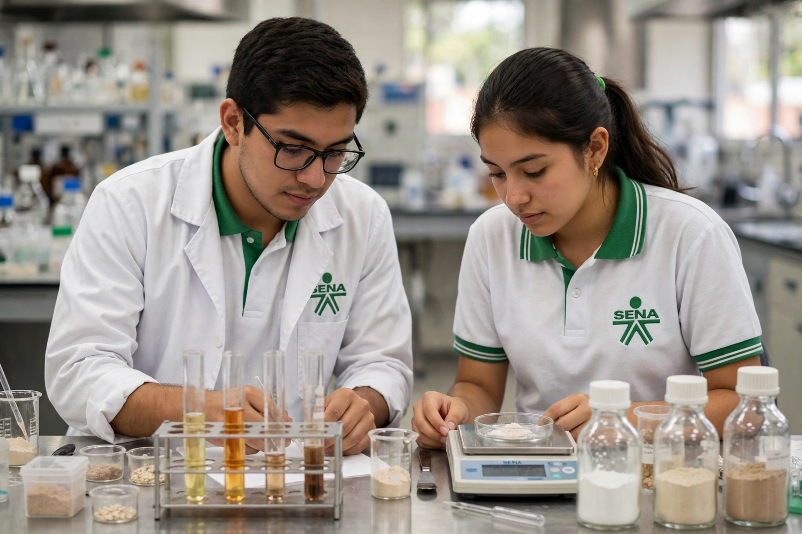 Aprendices trabajando con tubos de ensayo en un laboratorio de ciencias