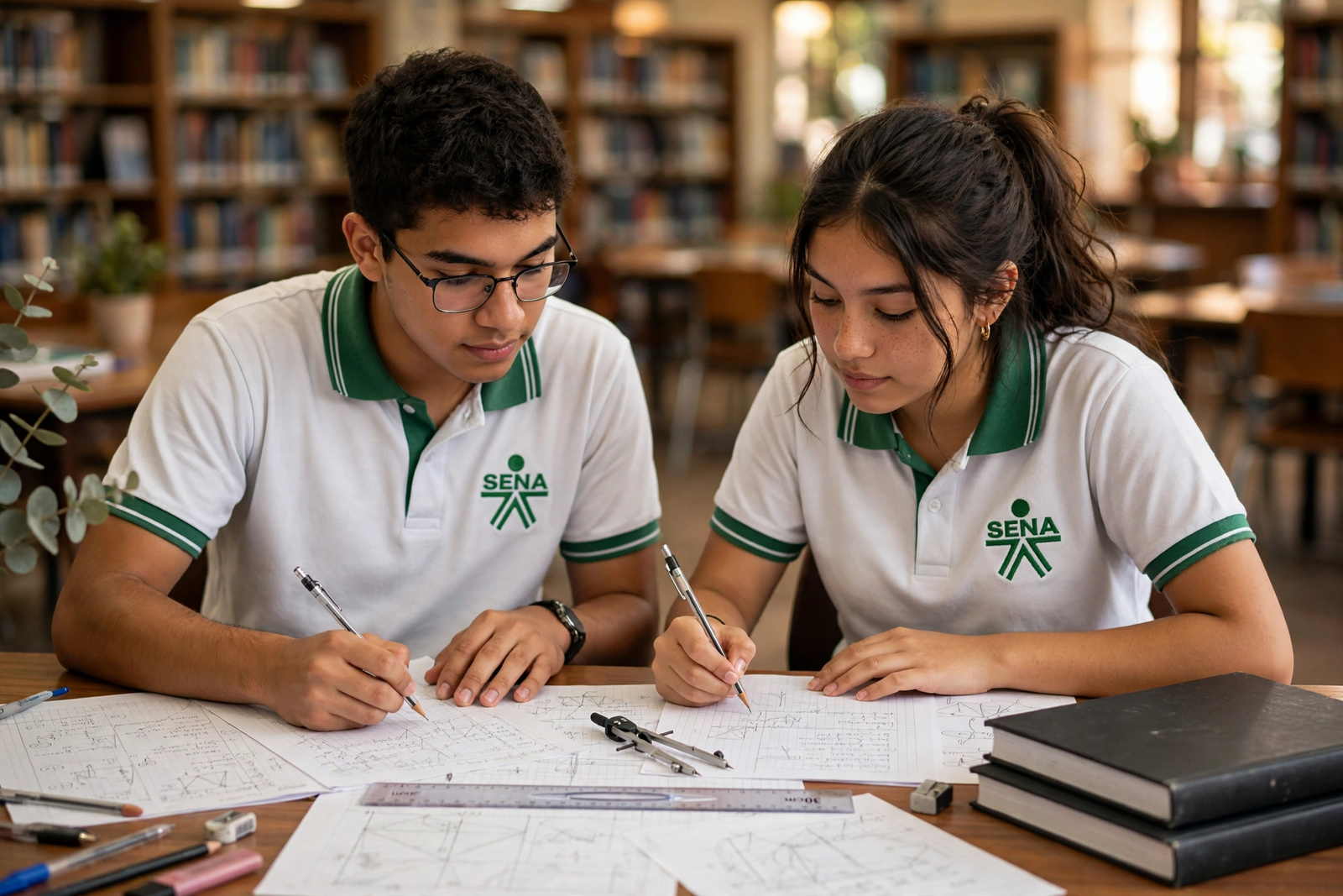 Estudiantes resolviendo ejercicios con regla y compás en una mesa de estudio