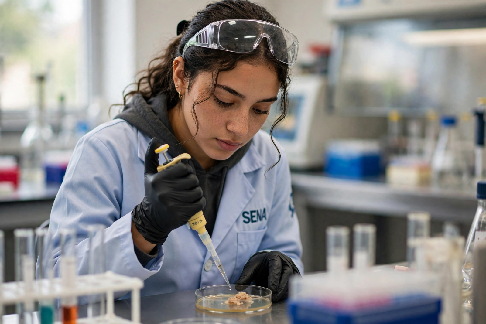 Técnica de laboratorio pipeteando una muestra de alimento en una placa