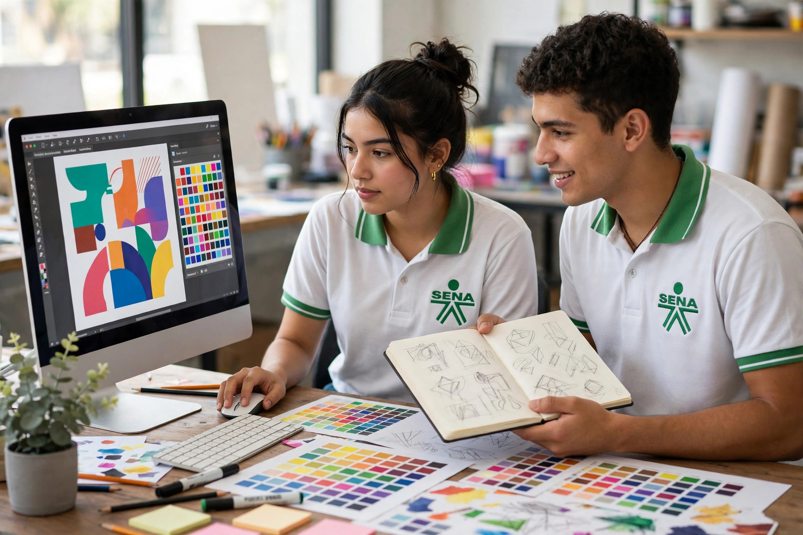 Pareja de aprendices diseñando una pieza vectorial en pantalla con bocetos y paletas de color