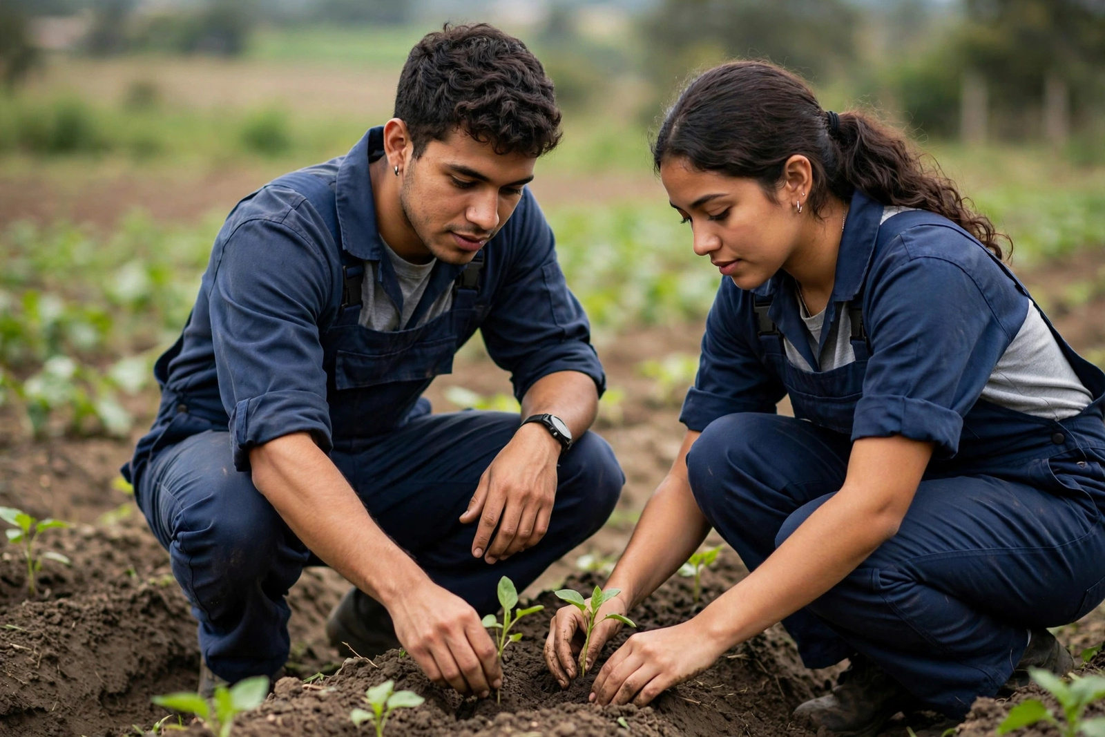 Productores del SENA trabajando la tierra en una parcela rural