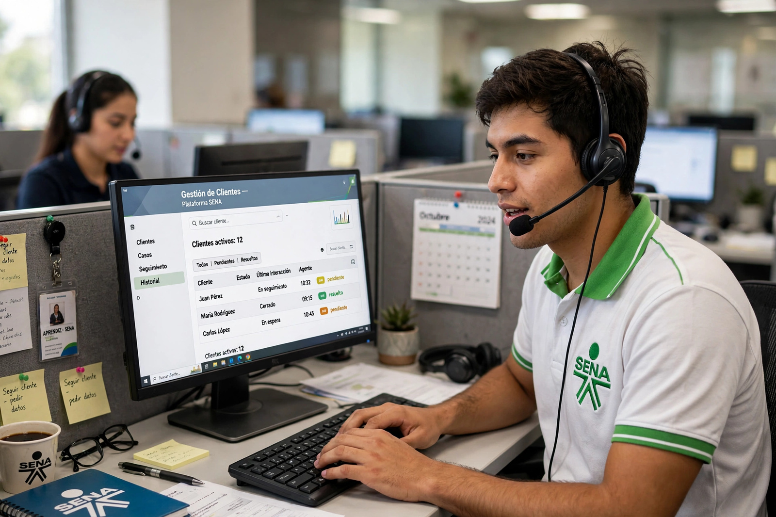 Agente de contact center con diadema frente a un tablero de gestión de clientes