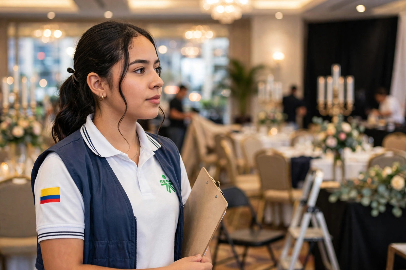 Trabajadora de hotel del SENA tomando notas en el lobby