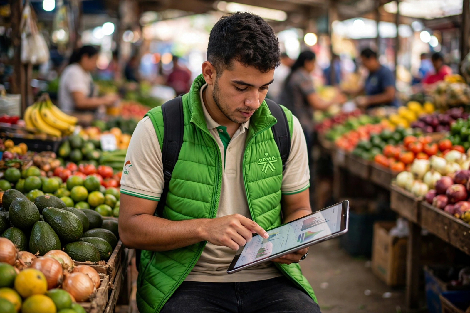 Joven revisando precios y registros en una tableta dentro de una plaza de mercado