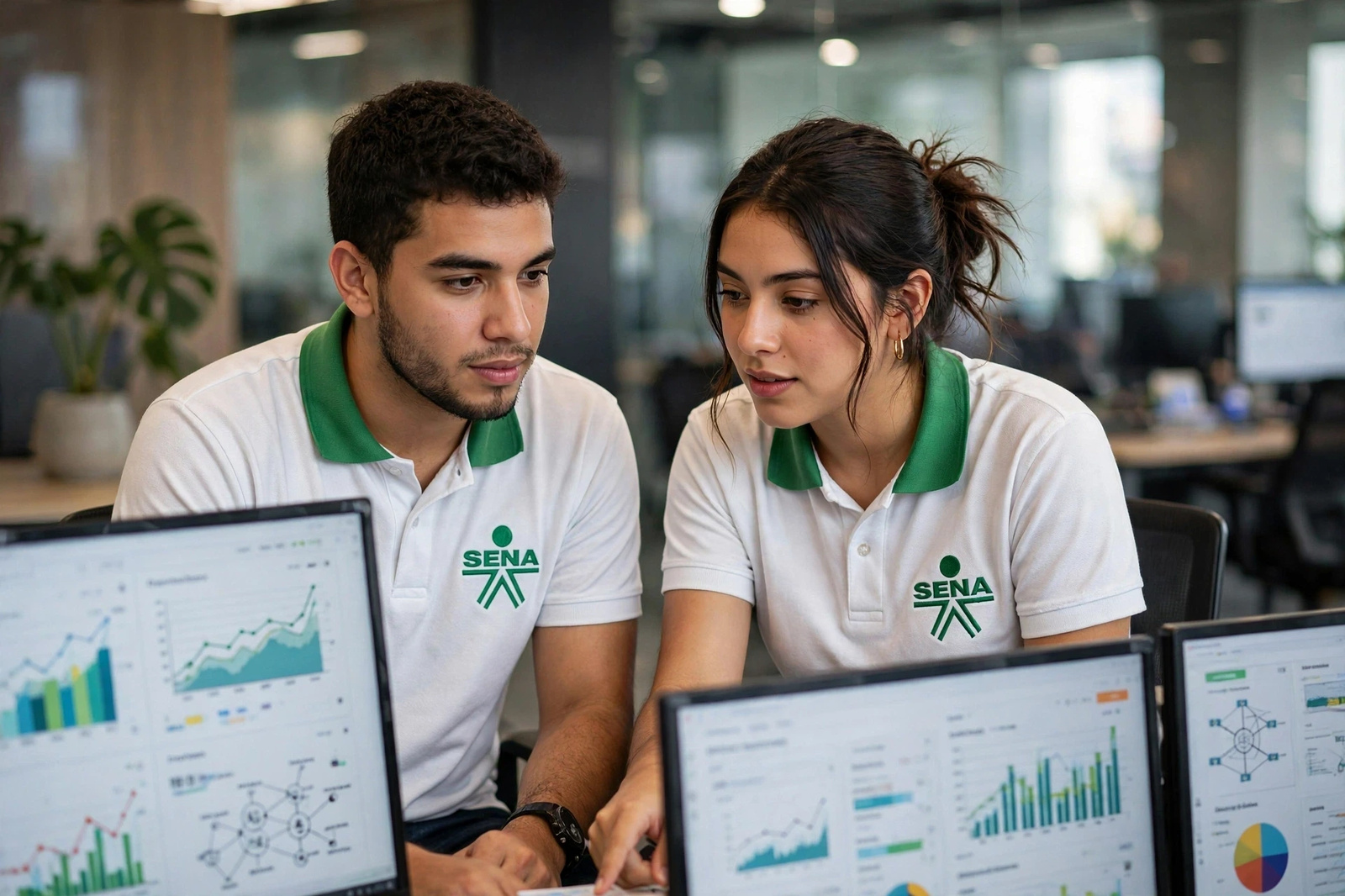 Pareja de aprendices revisando tableros de datos en una oficina