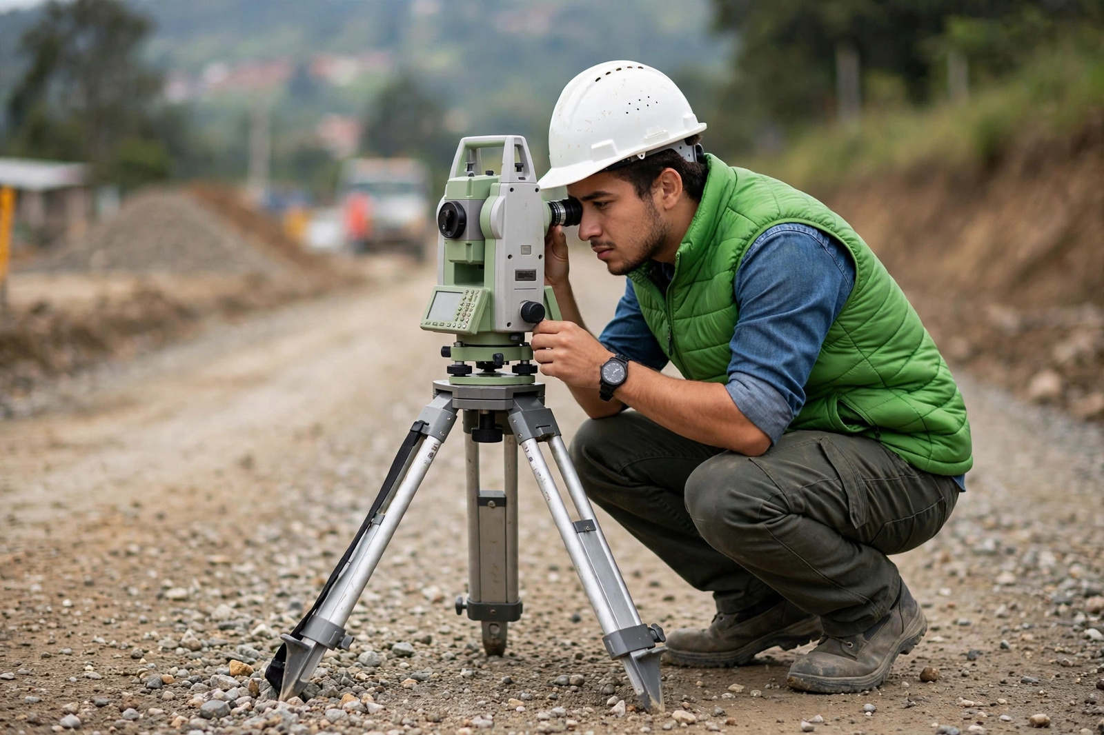 Topógrafo operando un teodolito en un frente de obra