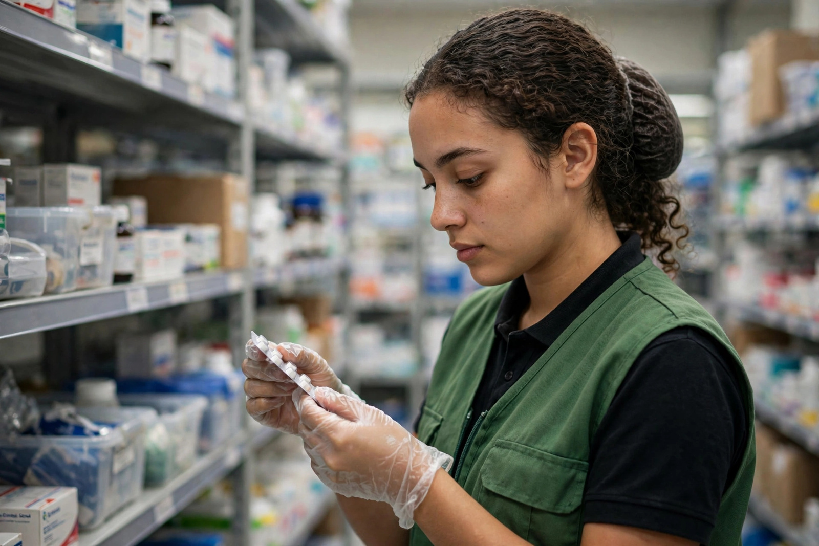 Aprendices organizando productos en la estantería de una farmacia