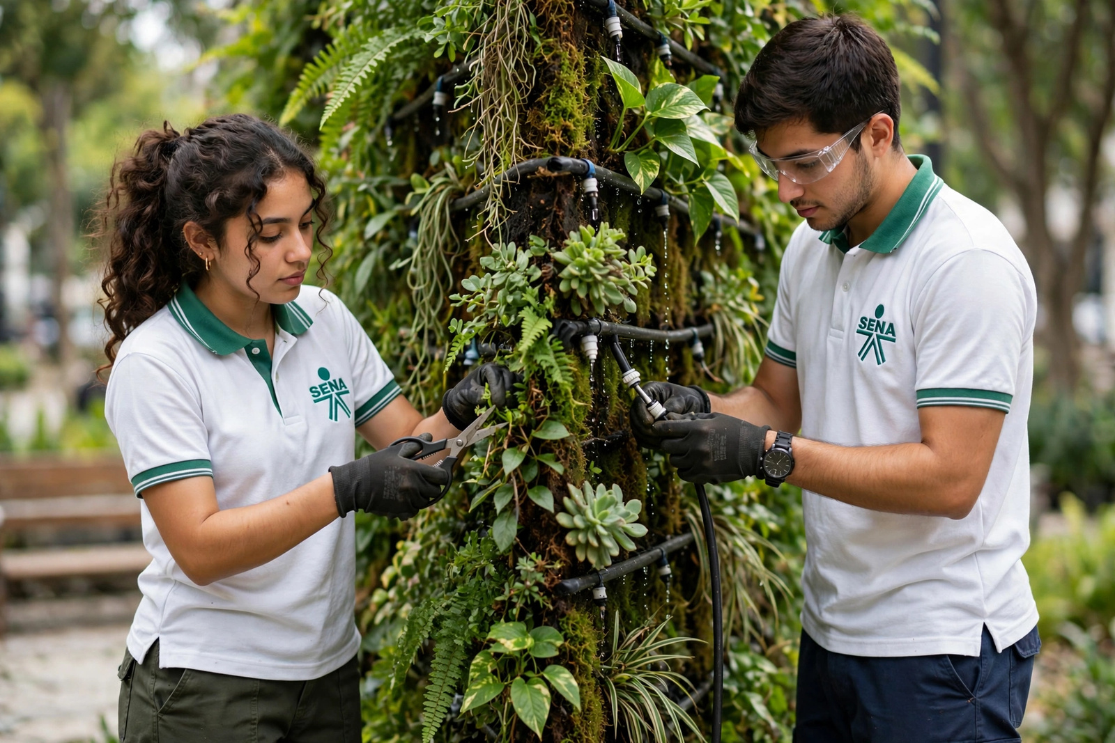 Dos aprendices haciendo mantenimiento a un jardín vertical con poda y revisión del riego